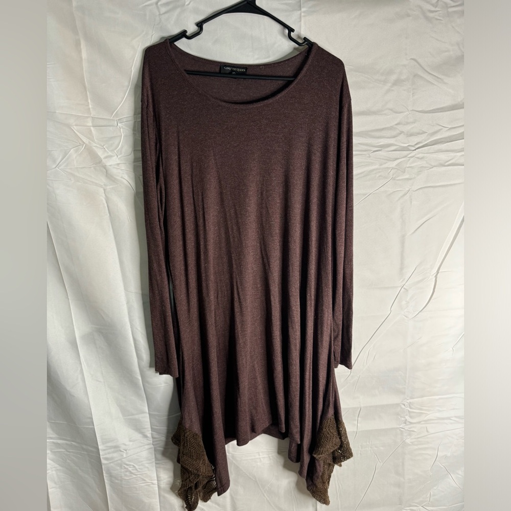 Glittery brown 1X long sleeve dress with netting design on bottom sides.